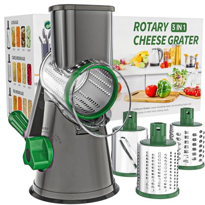 Cambom Rotary Cheese Grater Hand Crank Cheese Shredder for Fresh Cheese, Vegetable, Nuts,Non-slip Suction Base, Three Blades, Gray Green - color: Gray Green, size: 3 BLADES
