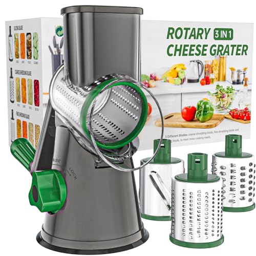 Cambom Rotary Cheese Grater Hand Crank Cheese Shredder for Fresh Cheese, Vegetable, Nuts,Non-slip Suction Base, Three Blades, Gray Green - color: Gray Green, size: 3 BLADES