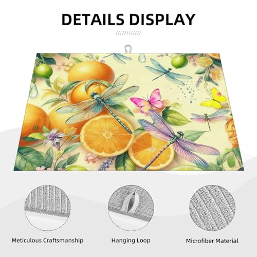 Kitchen Drying Mat for Countertop Citrus Dragonfly Botanical Pattern Non-Slip Kitchen Counter Mat for Dishes Glassware - color: Orange Yellow