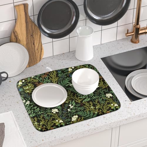 Green Plants Dish Drying Mat for Kitchen Counter Microfiber Absorbent Dish Draining Reusable Washable Foldable 16"x18" - size: 18" x 16"