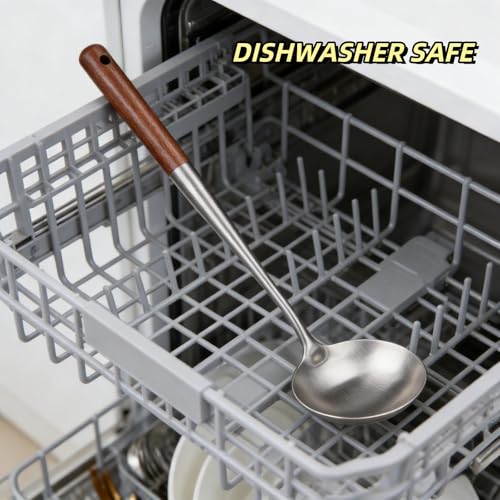 Soup Ladle, Ladle, 16.14 Inches Stainless Steel Ladle, Wooden Ladle Spoon for Cooking Serving, 4.5 Ounce
