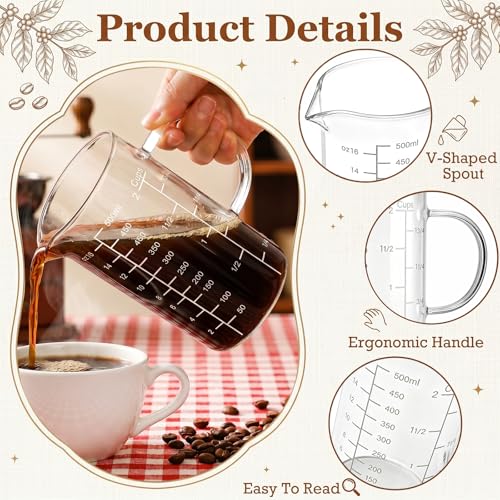 2 Pack Glass Measuring Cup, 500ML 2 CUP High Borosilicate Liquid Measuring Cup with 3 Scales (OZ, Cup, ML/CC), Glass Beaker with Handle and V-Shaped Spout for Kitchen Restaurant, Easy to Read