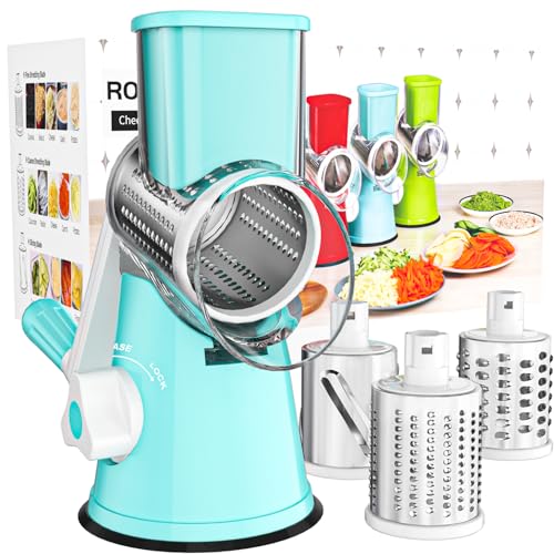 Cambom Rotary Cheese Grater Hand Crank Cheese Shredder for Fresh Cheese, Vegetable, Nuts,Non-slip Suction Base，Three Blades,Blue - color: Blue, size: 3 BLADES