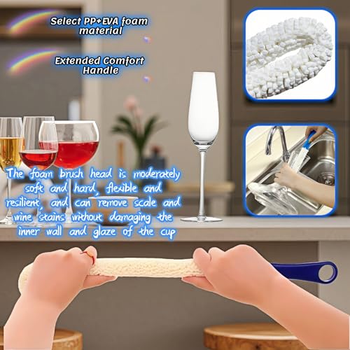Long Bottle Brush Cleaner for Decanter and Water Bottle, 16 Inch Flexible Foam Cleaning Wand for Vases, Wine Glasses, and Glassware with Hanging Storage Design