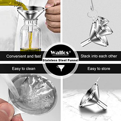 WALFOS Mini Stainless Steel Funnels, Multi-use Small Kitchen Funnel Set, for Transferring Liquid, Fluid, Essential Oils, Powder,Tiny Spices,Long-Lasting and Dishwasher Safe (3 in、2.2 in、1.7in) - color: 3pcs funnel 7.5+5.5+4.5 cm