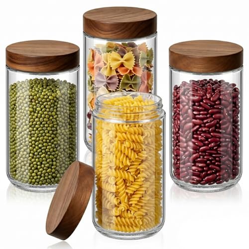 Bumobum 24 oz Glass Jars with Acacia Lids, Glass Food Storage Containers with Airtight Lids, Wide Mouth Mason Salad Jars for Coffee, Sugar, Loose Tea, Spice, Nut, Candy, Cereal, Snacks (4 Pack) - color: 24oz
