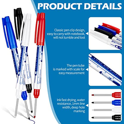 Gersoniel 4 Pcs Long Nib Marker 30 mm Deep Reach Markers Long Nose Waterproof Deep Hole Marker Carpenter Ink Reach Permanent Pens for Men Father Day Gift Carpenters Construction Builders 4 Colors
