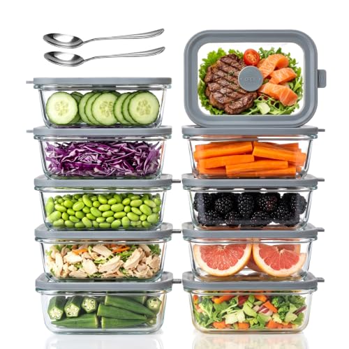 10 Pack 13oz Glass Meal Prep Containers with Glass Lids | Glass Food Storage Containers with Glass Lids, Airtight Lunch Containers for Microwave, Oven, Freezer and Dishwasher