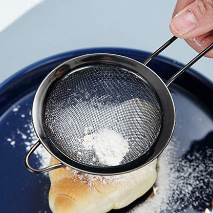 Kyraton Black Fine Mesh Strainer 3 Pieces Set, Flour Sifter For Baking, Stainless Steel Clander, Matcha Tea Strainer, Gravy Separator, Stasher Sieve Pasta Strainers