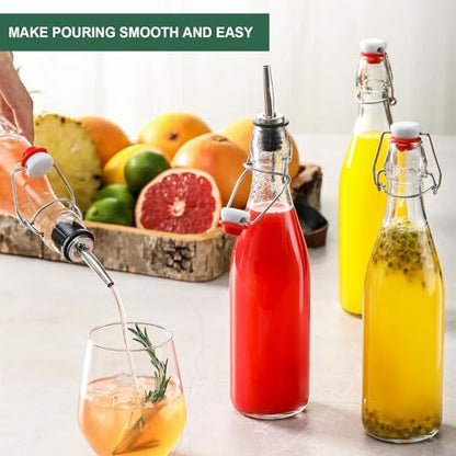 8 Set 16 OZ Swing Top Glass Bottles - Flip Top Beer Brewing Bottles with Stopper for Fermentation, Kombucha, Mead Kefir, Vanilla Extract, Juice, Tea, Wine, Soda - Airtight Cap Lids, Bonus 2 Pourers