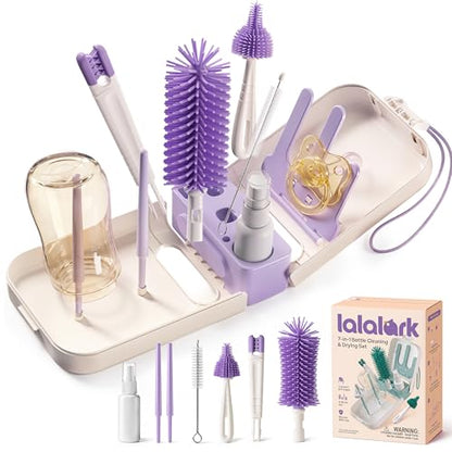 lalalark 7-in-1 Baby Bottle Brush Set, BPA Free Silicone Baby Bottle Cleaning Kit with No Scratch Dual-Headed Brush, Nipple Brushes,Soap Dispenser & Drying Rack,Travel Cleaner with Storage Case,Purple - color: Purple