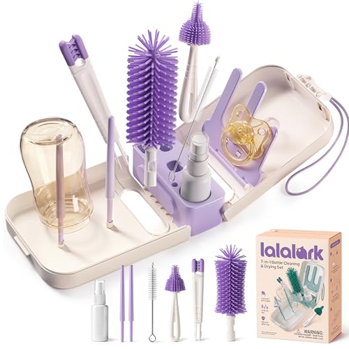 lalalark 7-in-1 Baby Bottle Brush Set, BPA Free Silicone Baby Bottle Cleaning Kit with No Scratch Dual-Headed Brush, Nipple Brushes,Soap Dispenser & Drying Rack,Travel Cleaner with Storage Case,Purple - color: Purple