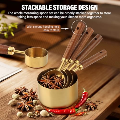 8Pcs Gold Measuring Cups and Spoons Set, Golden Stainless Steel Measuring Cups with Wooden Handle and 4 Measuring Spoons Set for Kitchen Baking Cooking