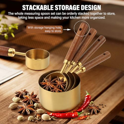 8Pcs Gold Measuring Cups and Spoons Set, Golden Stainless Steel Measuring Cups with Wooden Handle and 4 Measuring Spoons Set for Kitchen Baking Cooking