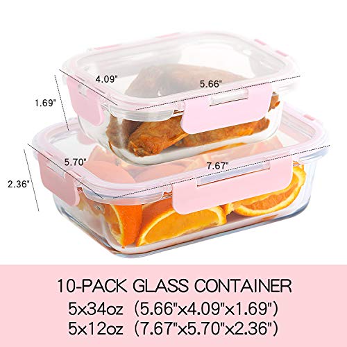 C CREST [10 Pack] Glass Meal Prep Containers, Food Storage Containers with Lids Airtight, Glass Lunch Boxes, Microwave, Oven, Freezer and Dishwasher Safe - color: Pink