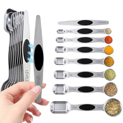 Measuring Spoons,Magnetic Measuring Spoons Set,304 Stainless Steel 8 Double Side Measuring Spoons Set and 1 Leveler with Strong N45 Magnetss,Heavy Duty Metal Kitchen Gadgets for Baking & Cooking - color: Black Magnetic Measuring Spoons Set - D