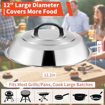 12 Inch Stainless Steel Cheese Melting Dome - 2 Pack BBQ Griddle Accessories, Basting Cover & Steaming Cover Wok Lids, Fits Blackstone Camp Chef Flat Top Griddle, Indoor Outdoor Use