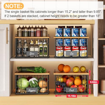 2 Pack Stackable Wire Baskets with Bamboo Top for Pantry Organizers and Storage, XXL Kitchen Organization Counter Basket for Fruit, Vegetable, Produce, Bread, Potato and Onion Storage Bins - size: XXL-15.2x11.02x9.84