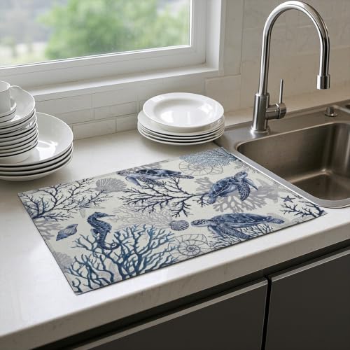 Absorbent Kitchen Dish Drying Mat Quick Dry Heat Resistant Hide Stain for Glasses Coffee Espresso Machines Pots Pans and Dish Racks,18" x 24" Sea Turtle Ocean Blue Pattern - color: Sea Turtle Ocean Blue