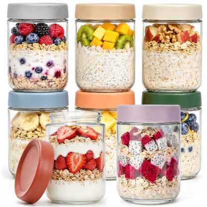 Cididu 8 Pack Overnight Oats Jars with Airtight Lids, 16 Oz Stackable Glass Jars, Leakproof Food Storage Containers, Meal Prep Containers for Oats, Meal Prep, Smoothies, Yogurt, and Salad