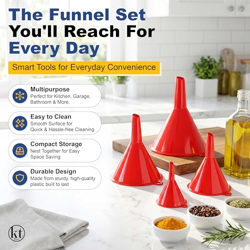 4Pcs All Purpose Plastic Funnel Set, Funnels for Kitchen & Automotive Use, Small to Large Funnels for Filling Bottles, Liquid Spices Powder Funnel for Small Bottles Cosmetic Lotion Essential Oil
