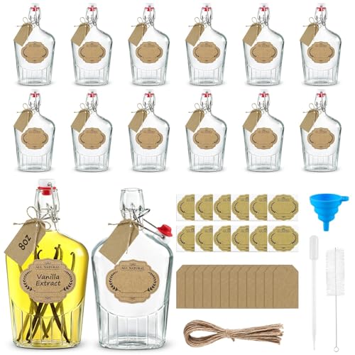 12 Sets 8 Oz Swing Top Glass Vanilla Extract Bottles with Cap Label Gift Tag Funnel Dropper Brush Homemade Vanilla Extract Glass Flask Bottles for Liquor Christmas Gift Giving Juice Storage - size: 8 Ounces