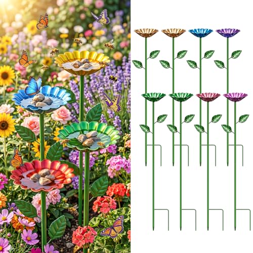 8 Pcs Water Station for Bee Butterfly Pollinator Outdoor Bird Bath Metal Round, Shallow Feeding Bowl for Garden Yard Balcony Color Decor, 3 Height Adjustable Stake Multipurpose Dish for Thirsty Insect