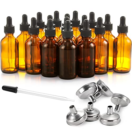 24 Pcs, 2 oz Dark Amber Dropper Bottles with 6 Small Funnels & 1 Long Glass Labels - 60ml Tincture Bottles w/ Eye Dropper for Essential Oils, Perfume, Hair Oil, Liquids - Leak Proof Travel Bottles - size: 2 OZ