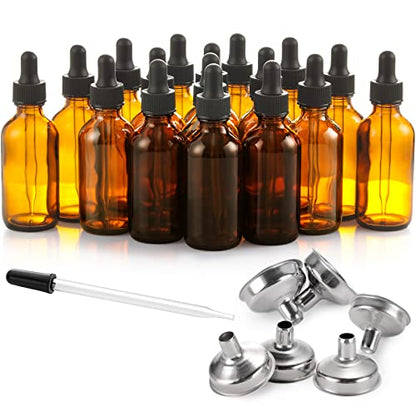 24 Pcs, 2 oz Dark Amber Dropper Bottles with 6 Small Funnels & 1 Long Glass Labels - 60ml Tincture Bottles w/ Eye Dropper for Essential Oils, Perfume, Hair Oil, Liquids - Leak Proof Travel Bottles - size: 2 OZ