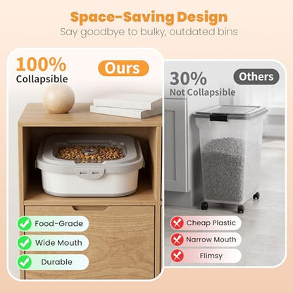 40 Lbs Dog Food Storage Container with Wheels, Collapsible Pet Food Storage Container with Clear Window, 2 Measuring Cups and Scoop, BPA Free Cat Food Container for Rice, Flour, Grain, Bird Seed - color: Grey/40lbs