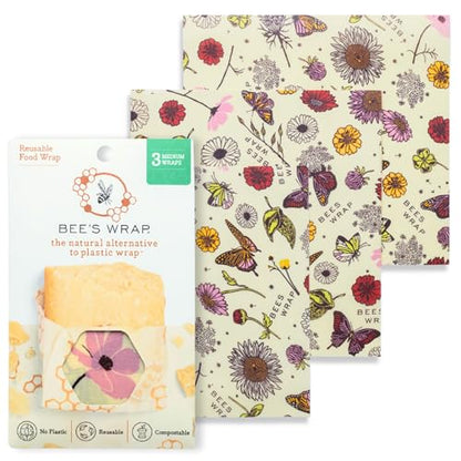 Bee's Wrap Beeswax Wraps for Food - 3 Pack of Medium Beeswax Wraps - Plastic Free Made in USA Reusable Natural Food Wrap - Meadow Magic Print - style: Meadow Magic Medium 3 Pack