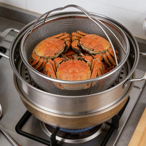 Unomor 9" Stainless Steel Fryer Basket – Mesh Deep Fry Strainer with Handle & Feet for Oil Draining, Steaming Veggies, Pasta, Eggs; Round Wire Insert Fits Most Pots for Home & Party Cooking