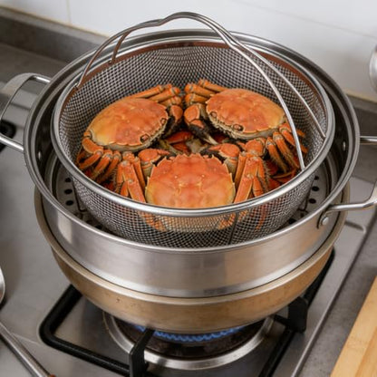 Unomor 9" Stainless Steel Fryer Basket – Mesh Deep Fry Strainer with Handle & Feet for Oil Draining, Steaming Veggies, Pasta, Eggs; Round Wire Insert Fits Most Pots for Home & Party Cooking