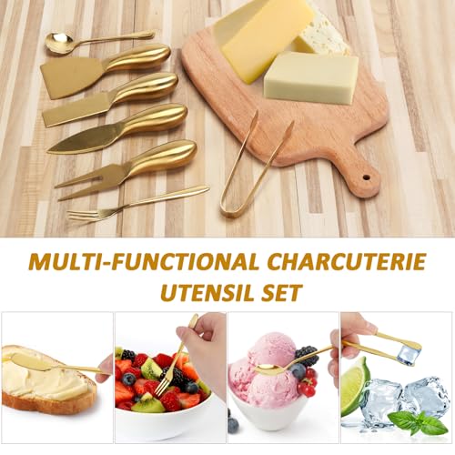 18 pieces Charcuterie Board Accessories, Gold Stainless Steel Cheese Knives, Butter Knife Spreader, Appetizer Forks, Mini Serving Tongs Spoons for Gathering Wedding Birthday... - color: Gold