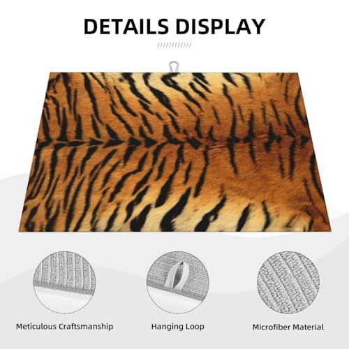 Tiger Print Dish Drying Mat Wildlife Tiger Skin Animals Brown Black Drying Rack Pad Countertop Dishes Ultra Absorbent Microfiber Kitchen Counter Mat 18x24 Inch - color: Brown Black