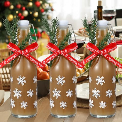 Sieral 12 Pack Christmas Snowflake Swing Top Glass Bottle 8oz Clear Flip Top Beer Brewing Bottles with Ribbon and Artificial Branches for Liquids Wine Xmas Gifts - style: Snowflake
