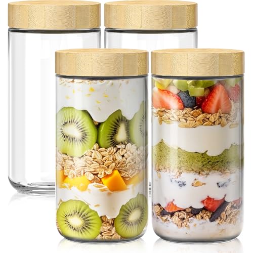 4 pack 24oz Overnight Oats Containers with Bamboo Lids, Glass Jars with Airtight Lids for Meal Prep, Wide Mouth Mason Salad Jars, Glass Food Storage Container for Yogurt Chia Snacks Spice Sugar - color: 24oz 4 Pack