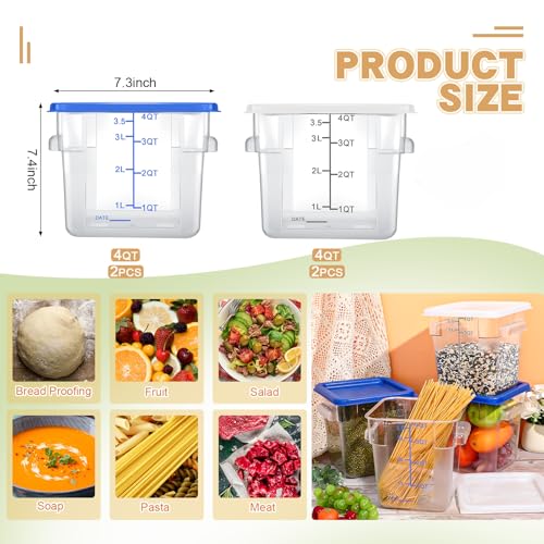 Maxcheck 4 Pcs 4qt Food Storage Container with Lids Bulk Clear Plastic Commercial Food Storage Bins with Scale Handle Space Saving Restaurant Tubs for Kitchen Prep Proof Dough(White, Blue) - color: White, Blue