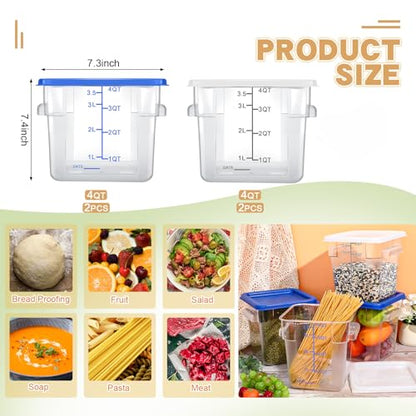 Maxcheck 4 Pcs 4qt Food Storage Container with Lids Bulk Clear Plastic Commercial Food Storage Bins with Scale Handle Space Saving Restaurant Tubs for Kitchen Prep Proof Dough(White, Blue) - color: White, Blue