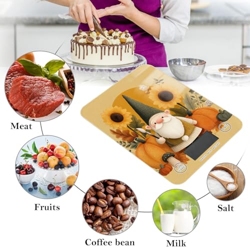 Fall Gnome Pumkin Sunflowers Thanksgiving Food Scale Kitchen Digital Scale Food Ounces and Grams Dieting Baking Cooking Waterproof Glass Panels LCD Display,4 Units Tare Function - color: Fall Gnome Pumkin Sunflowers Thanksgiving