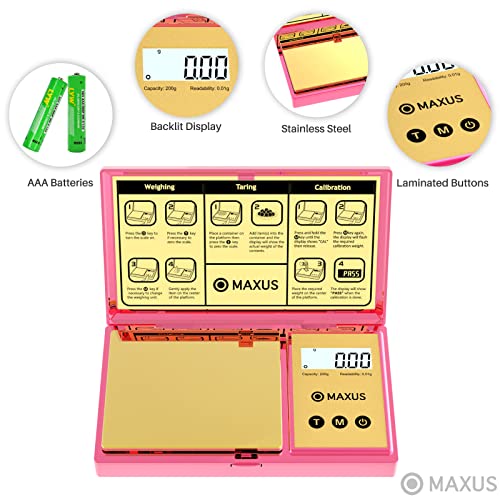 MAXUS Digital Gram Scale with 200g x 0.01g Capacity, Stylish Pink Plated Shining Cover and Platform, Mini Pocket Scale for Food and Jewelry - color: Pink