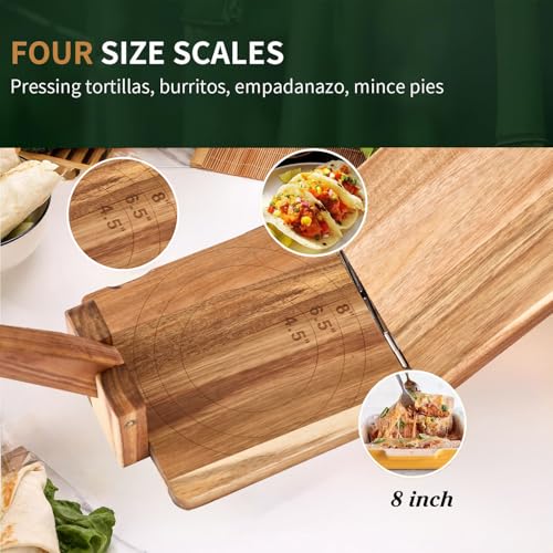 Wooden Tortilla Press with 50pcs Parchment Paper & Stainless Steel Dough Scraper, Large Mexican Square Flour Tortillera Presser Homemade for Tortillas Roti Burrito, Tacos, Pataconera, 8 inch