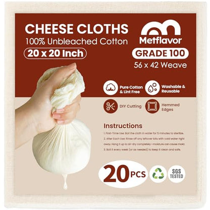 20Pcs Reusable Cheesecloth for Straining 20x20 Inch,100 Grade Cheese Cloths Hemmed Edges, 100% Unbleached Cotton Cheese Cloth,Ultra-Dense Cloth Strainer for Yogurt/Nut Milk/Baking Making 56x42 Weave - size: 20 PCS - 20x20 Inch