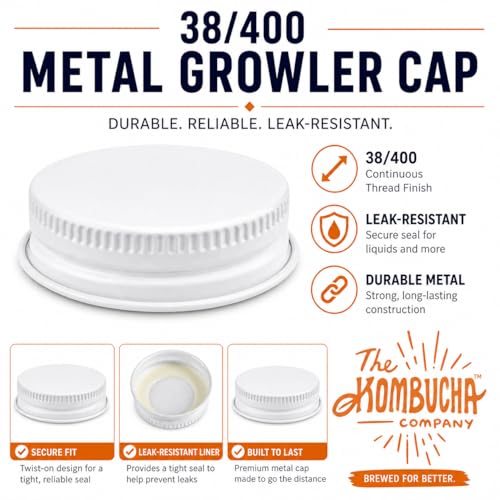 Metal Growler Caps (3 Pack) - For 1-Gallon & 1/2-Gal Sized Glass Jugs - 1.5" (38mm) Dia, Made in USA - Beer/Kombucha/Homebrew Bottle - Food Grade Lid w/Continuous Thread & Plastisol Liner - color: White