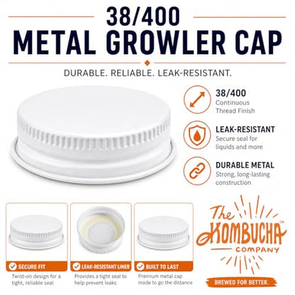Metal Growler Caps (3 Pack) - For 1-Gallon & 1/2-Gal Sized Glass Jugs - 1.5" (38mm) Dia, Made in USA - Beer/Kombucha/Homebrew Bottle - Food Grade Lid w/Continuous Thread & Plastisol Liner - color: White