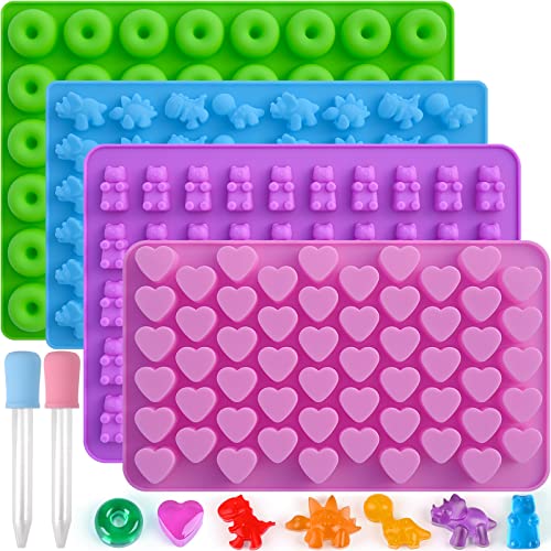 Sakolla Gummy Candy Molds Silicone with 2 Droppers Pack of 4 Mini Silicone Molds Including Dinosaur, Bear Shape, Hearts and Donut Gummie Chocolate Molds for Kids - color: 4 Different Style/4 Colors