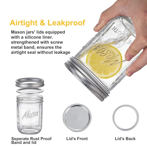 WELLIFE 4 Pack 16 oz Mason Jars with Lids – Wide Mouth Glass Canning Jars, Rust-Proof Airtight Lids with Silicone Seal, Thick Glass Storage Jars with Measurement Marks - color: Clear Mason Jar 16oz-4Pcs