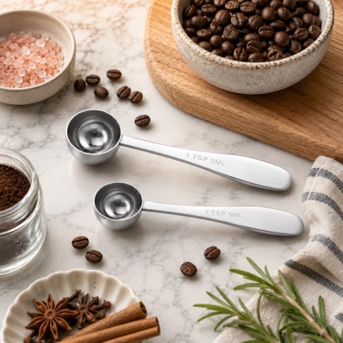 2PCS 1tsp Teaspoon Measuring Spoons (5ml 1/3tbsp),Stainless Steel Individual Measuring Spoons Long Handle Single Metal Tea Scoop for Kitchen Tea Coffee Spices