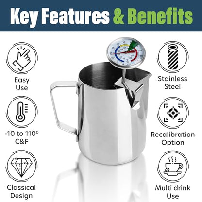 Milk Thermometer and 600ml Milk Frother Jug for Perfect Barista Style Coffee Making Great for Frothy Latte Cappuccino | Ideal for Perfect Barista Style Coffee Making Great for Frothy Latte Cappuccino