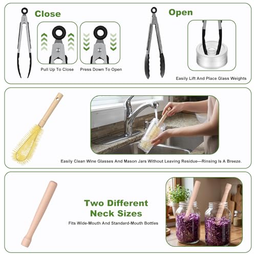 Fermentation Kit for Wide Mouth Mason fermentation Jars, 4 Stainless Steel Fermentation Lids, 4 Glass Fermentation Weights, 1 Silicone Tong, 1 Sauerkraut Pound, 1 Wooden Handle Brush Cleaner